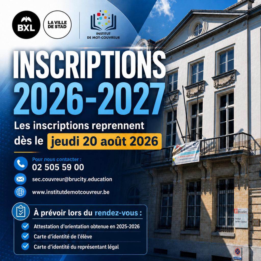 Affiche inscriptions 2026-2027 : reprise dès le jeudi 20 août 2026, 02 505 59 00